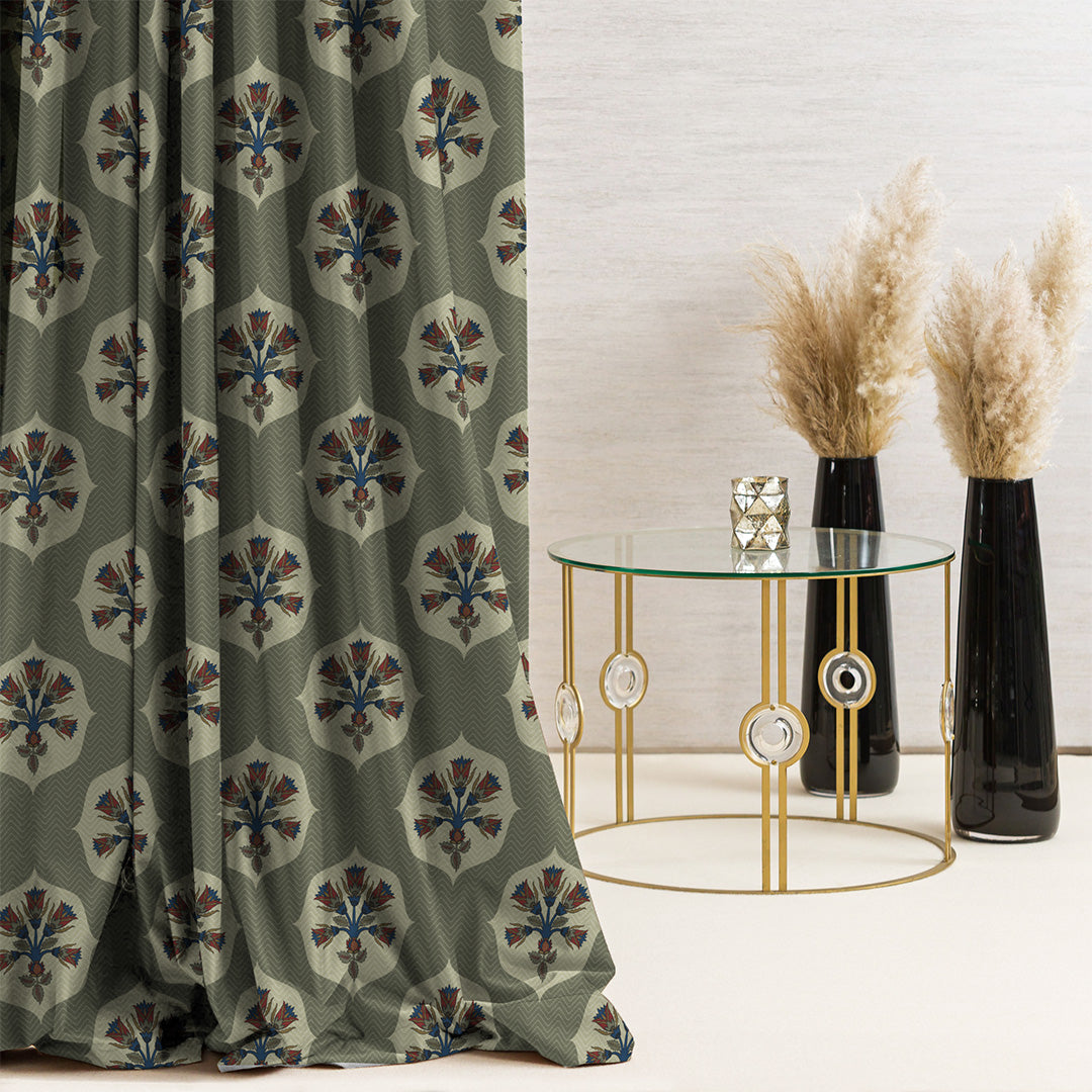 Ethnic Charm Indie Fern Green Velvet Room Darkening Curtains Set Of 2 - (DS543E)