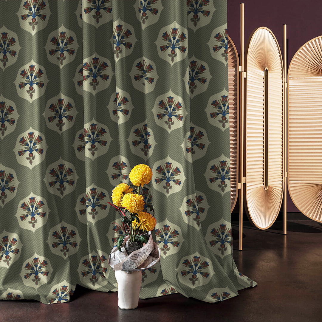 Ethnic Charm Indie Fern Green Velvet Room Darkening Curtains Set Of 2 - (DS543E)