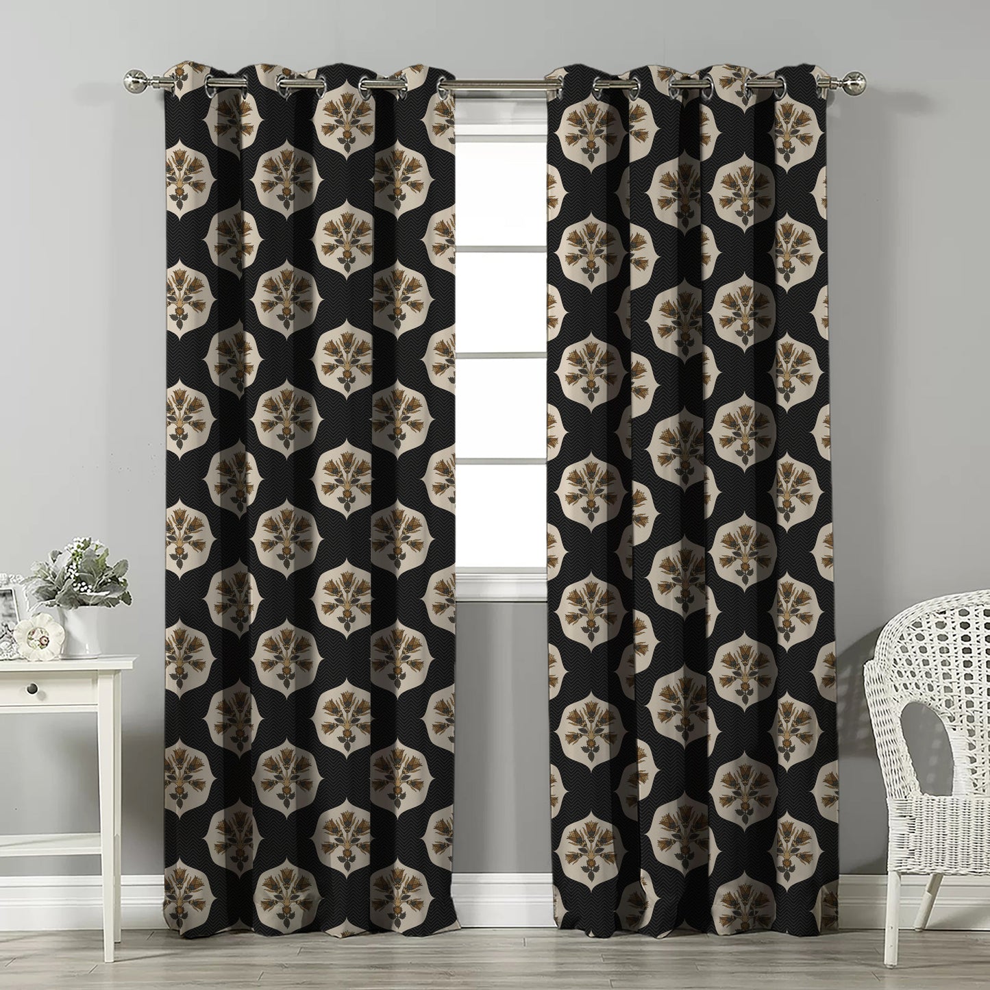 Ethnic Charm Indie Metal Black Velvet Room Darkening Curtains Set Of 2 - (DS543F)