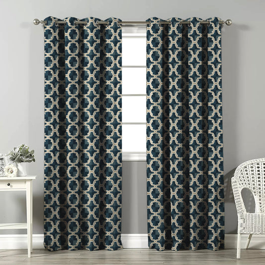 Urban Weave Geometric Ocean Blue Velvet Room Darkening Curtains Set Of 2 - (DS545B)