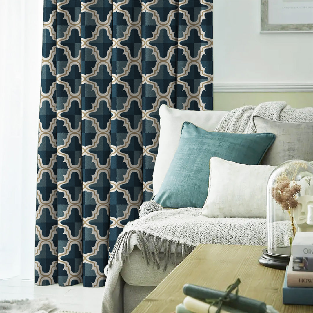 Urban Weave Geometric Ocean Blue Velvet Room Darkening Curtains Set Of 2 - (DS545B)