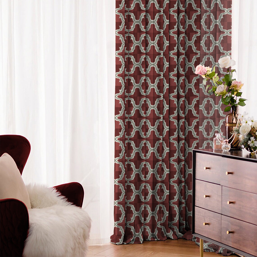 Urban Weave Geometric Barn Red Velvet Room Darkening Curtains Set Of 2 - (DS545C)