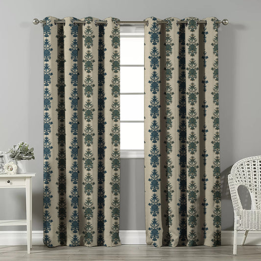 Desi Floral Indie Ocean Blue Velvet Room Darkening Curtains Set Of 2 - (DS547B)