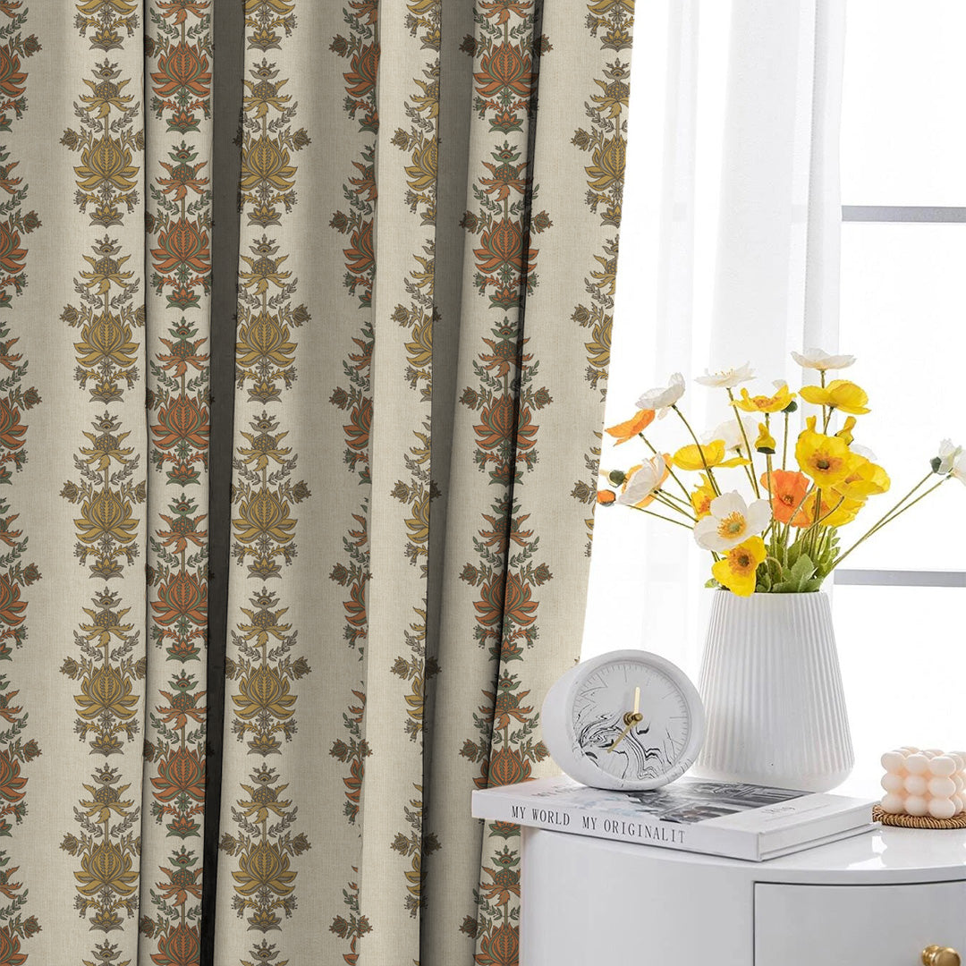 Desi Floral Indie Mustard Yellow Velvet Room Darkening Curtains Set Of 2 - (DS547D)