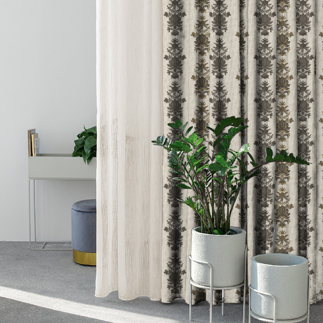 Desi Floral Indie Ash Grey Velvet Room Darkening Curtains Set Of 2 - (DS547E)