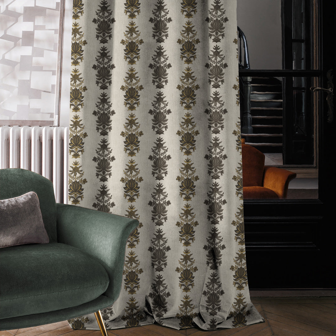 Desi Floral Indie Ash Grey Velvet Room Darkening Curtains Set Of 2 - (DS547E)