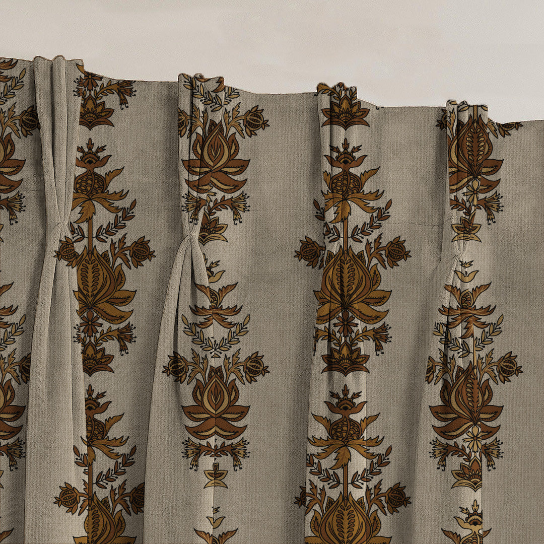 Desi Floral Indie Sand Beige Velvet Room Darkening Curtains Set Of 2 - (DS547F)