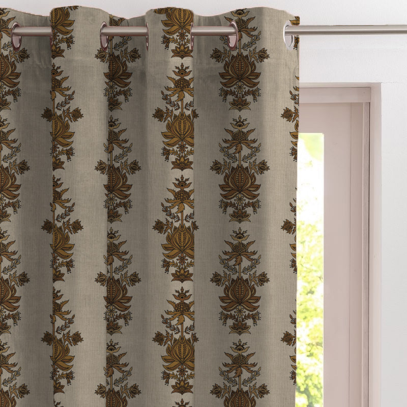 Desi Floral Indie Sand Beige Velvet Room Darkening Curtains Set Of 2 - (DS547F)