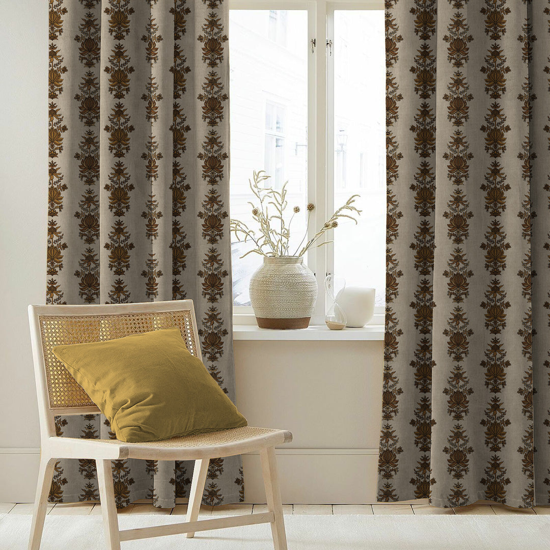 Desi Floral Indie Sand Beige Velvet Room Darkening Curtains Set Of 2 - (DS547F)
