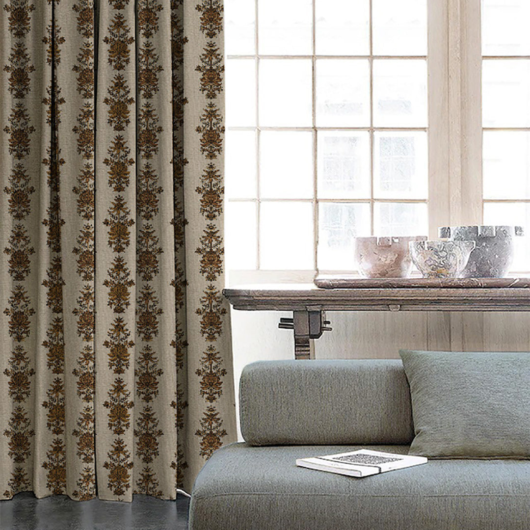 Desi Floral Indie Sand Beige Velvet Room Darkening Curtains Set Of 2 - (DS547F)