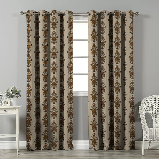 Desi Floral Indie Sand Beige Velvet Room Darkening Curtains Set Of 2 - (DS547F)