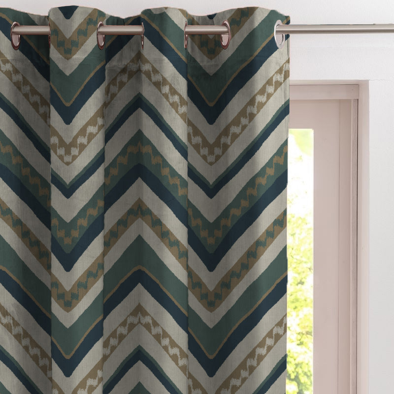 Chevron Harmony Geometric Ocean Blue Velvet Room Darkening Curtains Set Of 2 - (DS548B)