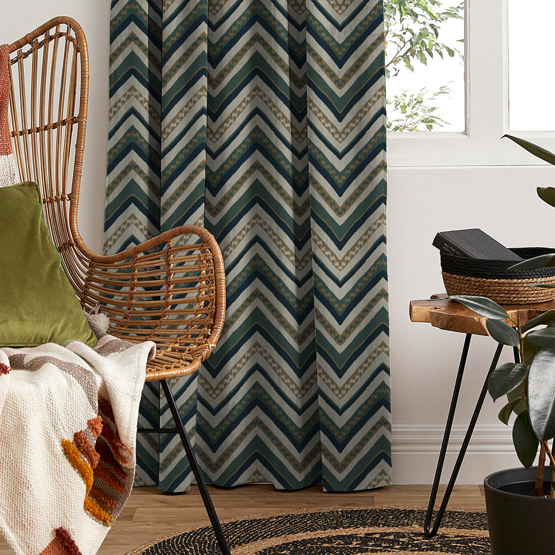 Chevron Harmony Geometric Ocean Blue Velvet Room Darkening Curtains Set Of 2 - (DS548B)