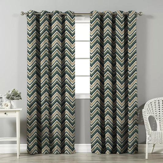 Chevron Harmony Geometric Ocean Blue Velvet Room Darkening Curtains Set Of 2 - (DS548B)
