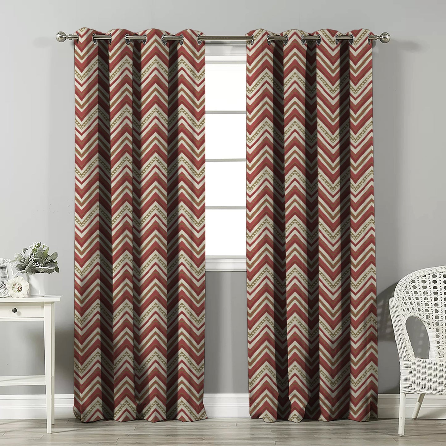 Chevron Harmony Geometric Barn Red Velvet Room Darkening Curtains Set Of 2 - (DS548C)