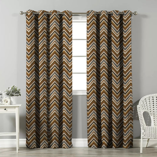 Chevron Harmony Geometric Mustard Yellow Velvet Room Darkening Curtains Set Of 2 - (DS548F)