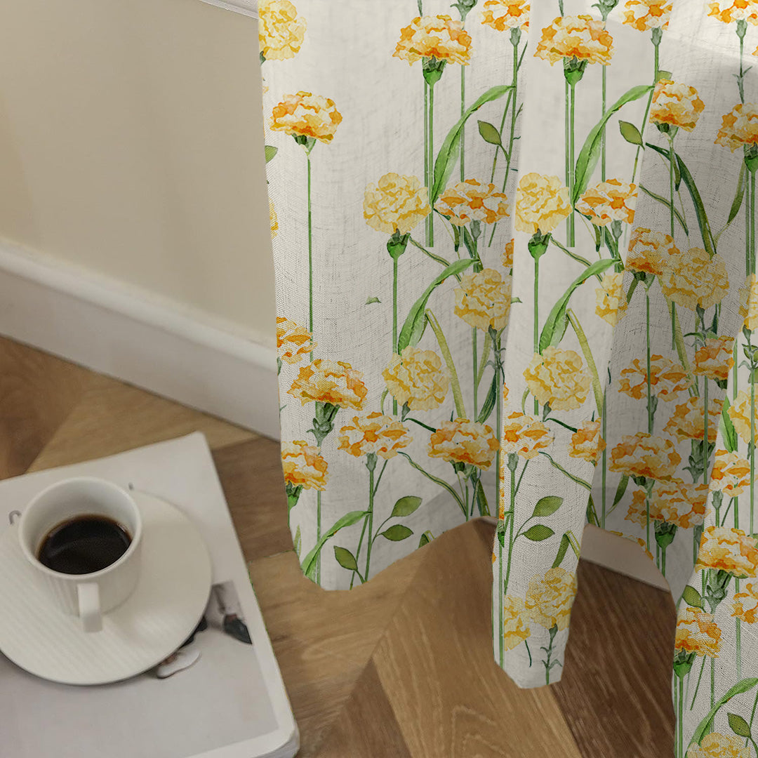 Marigold Bliss Floral Sunshine Yellow Matte Finish Room Darkening Curtains Set Of 2 - (DS551)