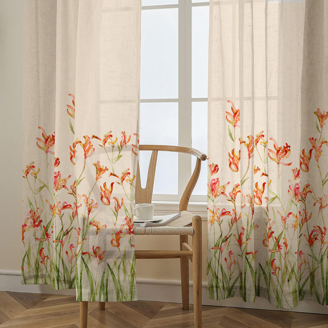 Petal Whispers Floral Tangerine Orange Matte Finish Room Darkening Curtains Set Of 2 - (DS555)
