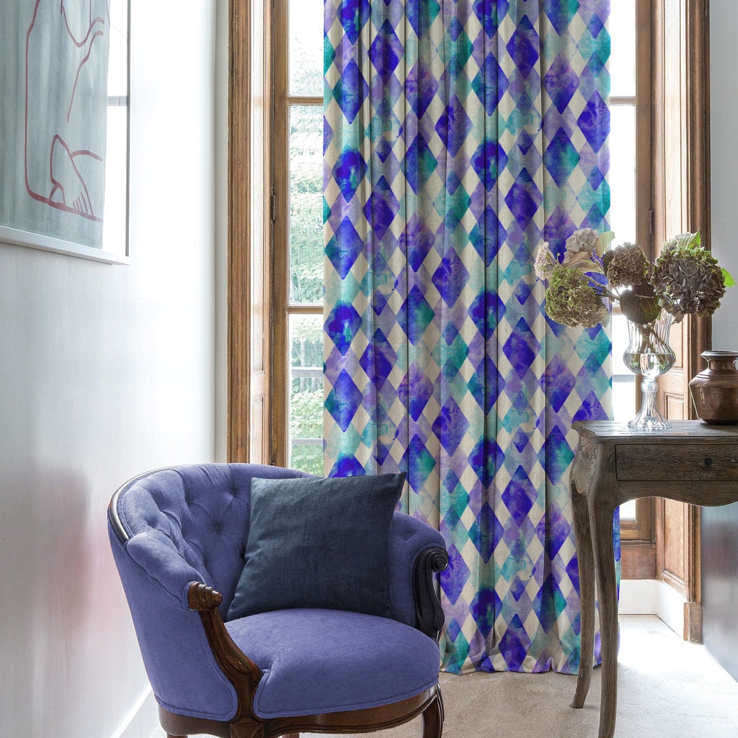 Elegent Geometric Print Matt Finish Room Darkening Curtain Set of 2 MTDS58B