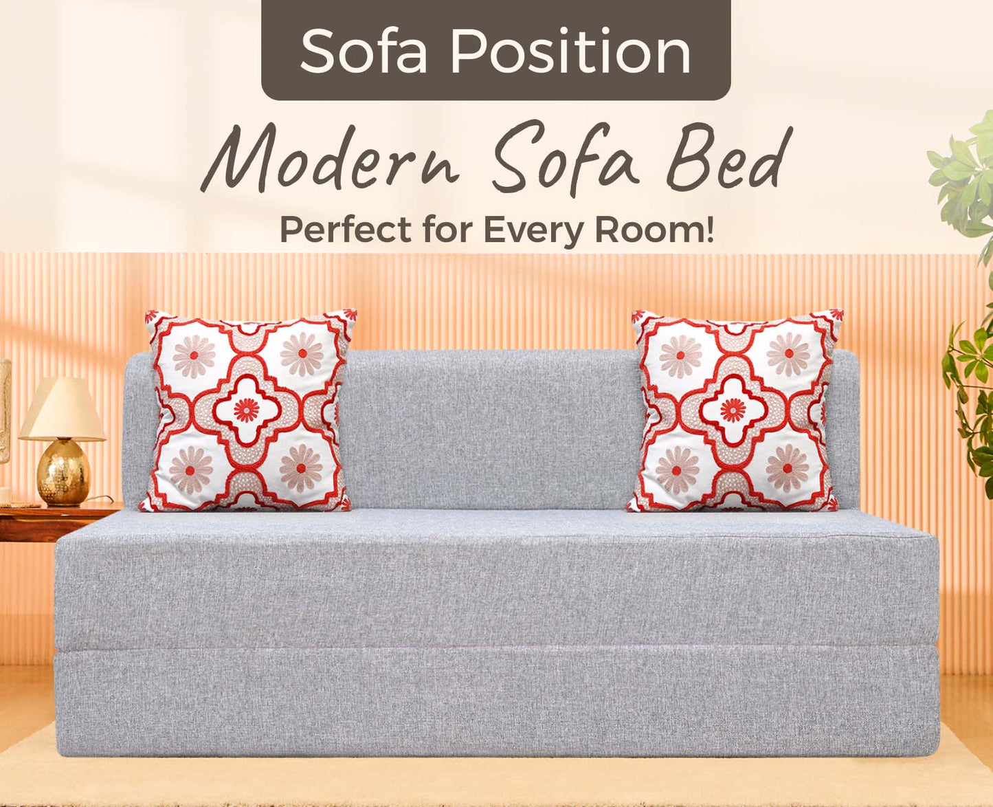 Jute Sofa Bed, Silver | 5 x 6, Three Seater | 2 Red Quartet Cushions