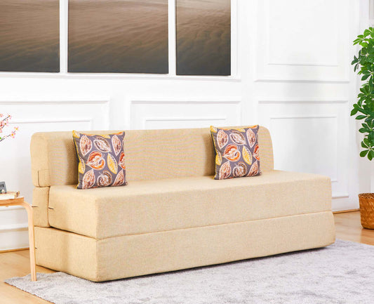 Jute Sofa Bed, Beige | 5 x 6, Three Seater | 2 Fallen Leaves Cushions