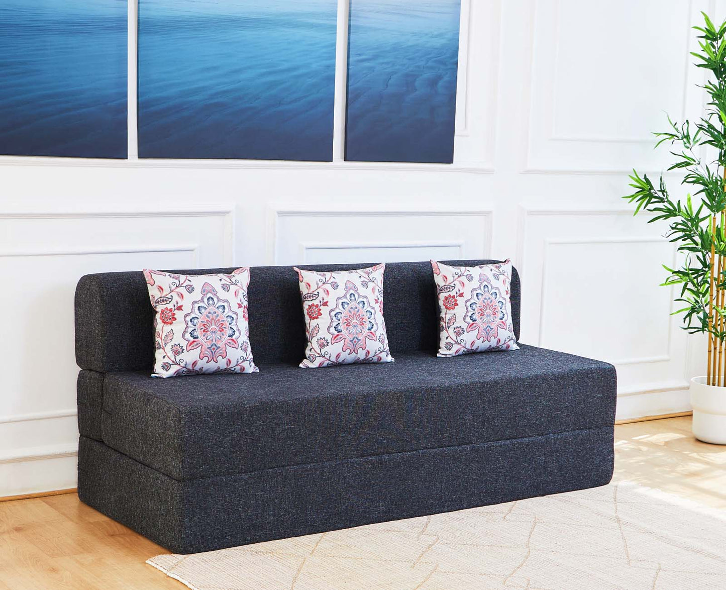 Jute Sofa Bed, Dark Grey | 5 x 6, Three Seater | 3 Pink Morphankh Cushions