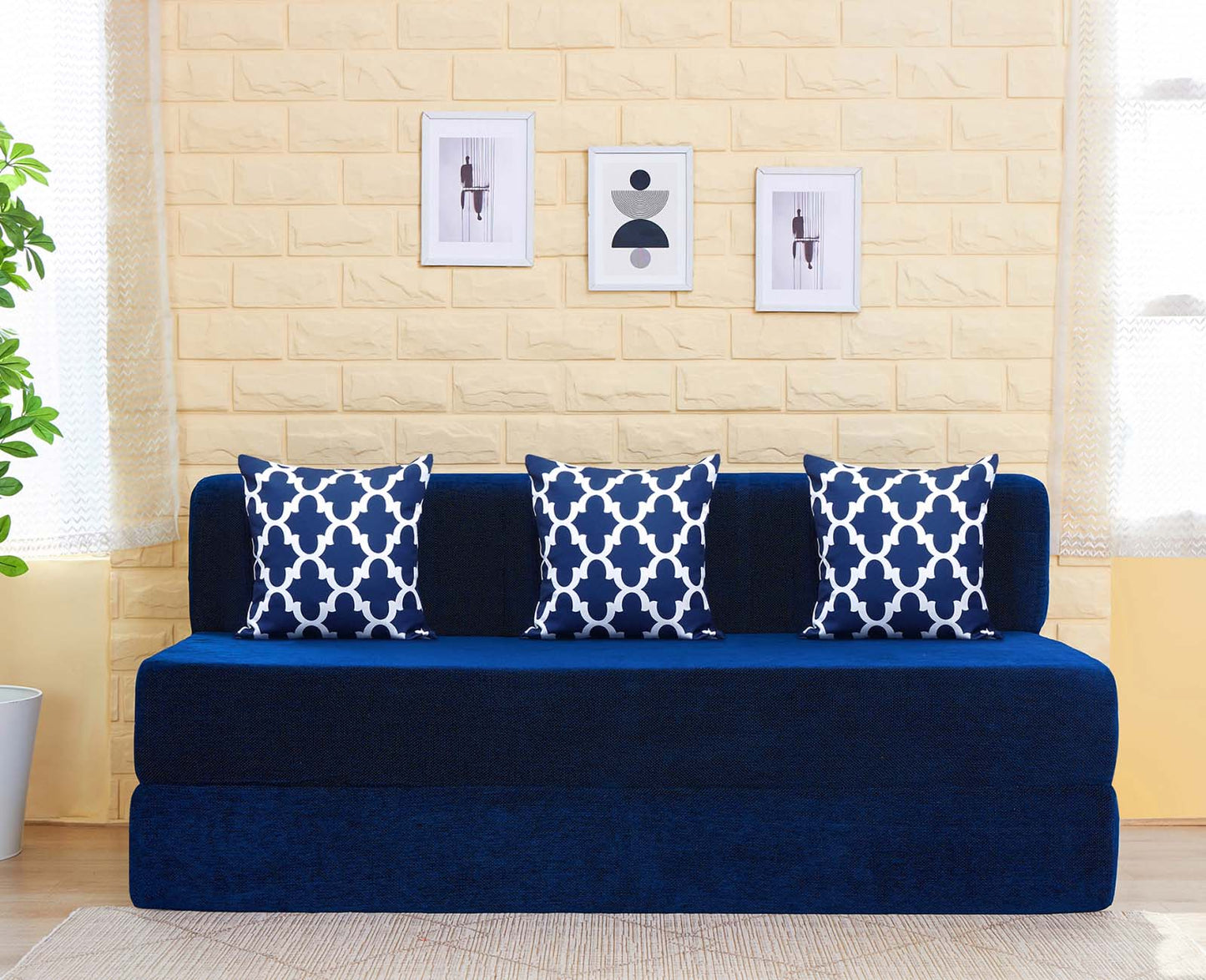 Chenille Sofa Bed, Dotted Blue | 5 x 6, Three Seater | 3 Semicircle Cushions