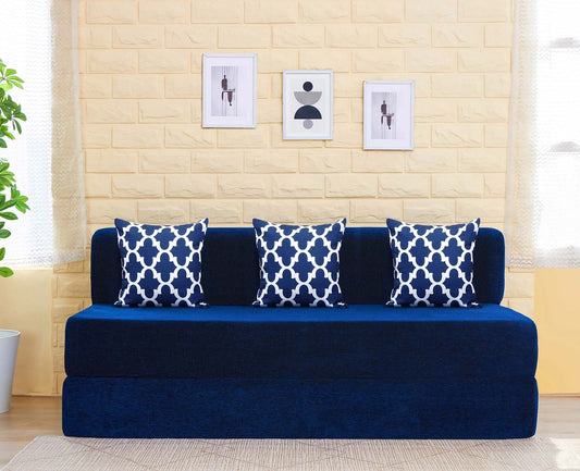 Chenille Sofa Bed, Dotted Blue | 5 x 6, Three Seater | 3 Semicircle Cushions