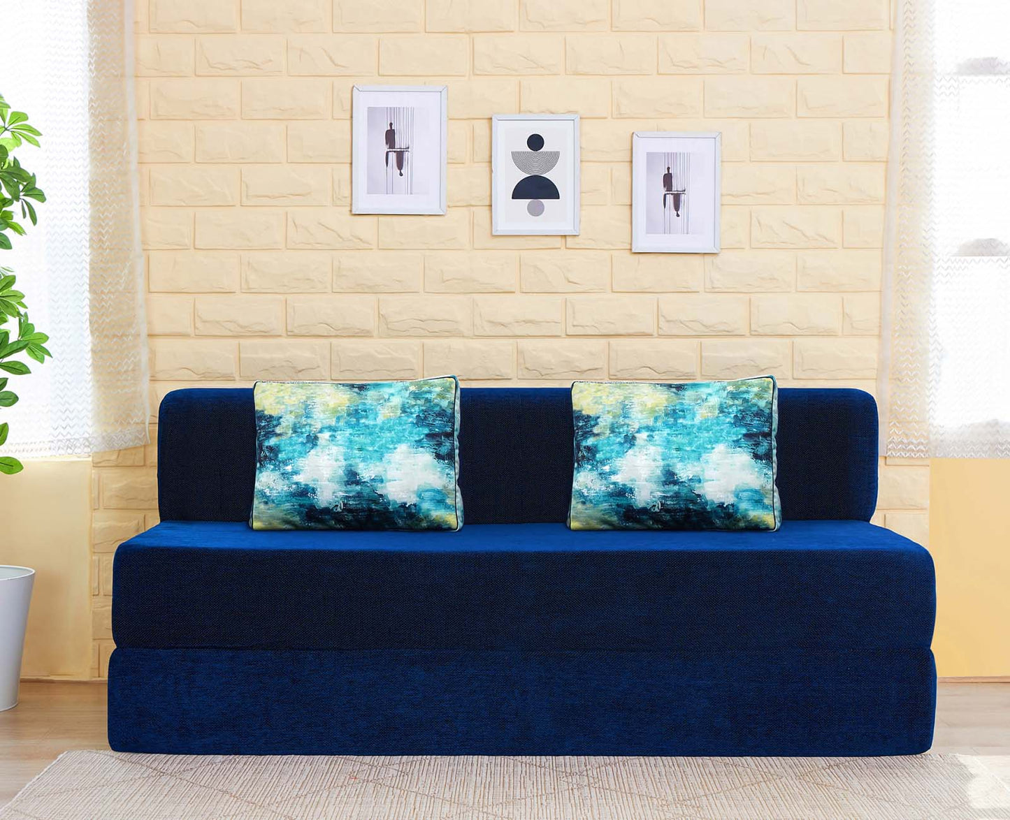 Chenille Sofa Bed, Dotted Blue | 5 x 6, Three Seater | 2 Ocean Hues Cushions