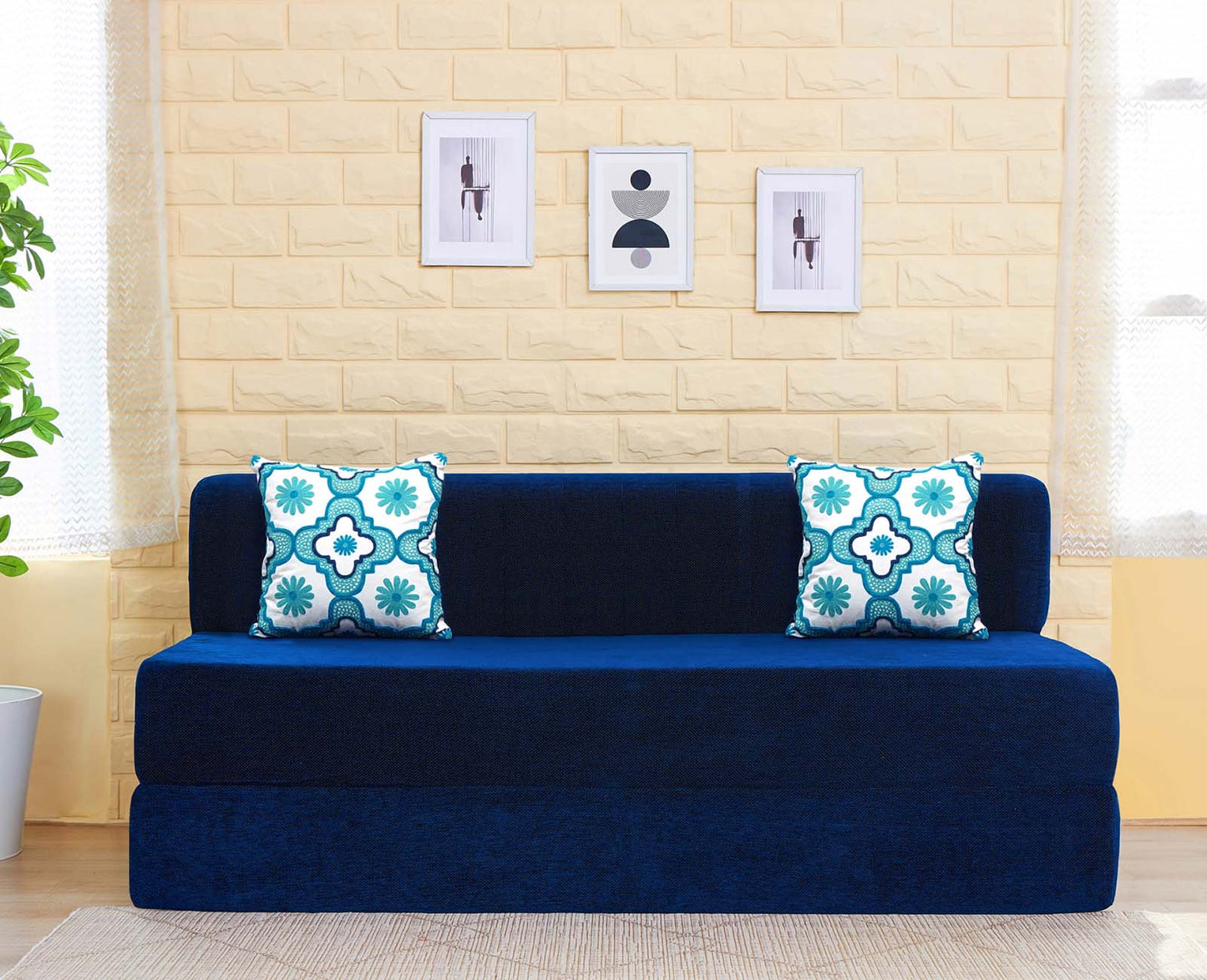 Chenille Sofa Bed, Dotted Blue | 5 x 6, Three Seater | 2 Blue Quartet Cushions