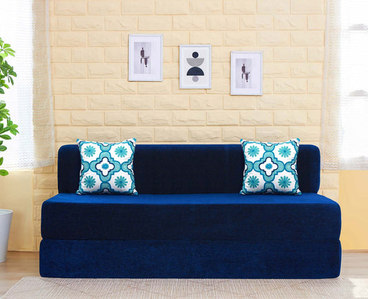 Chenille Sofa Bed, Dotted Blue | 5 x 6, Three Seater | 2 Blue Quartet Cushions