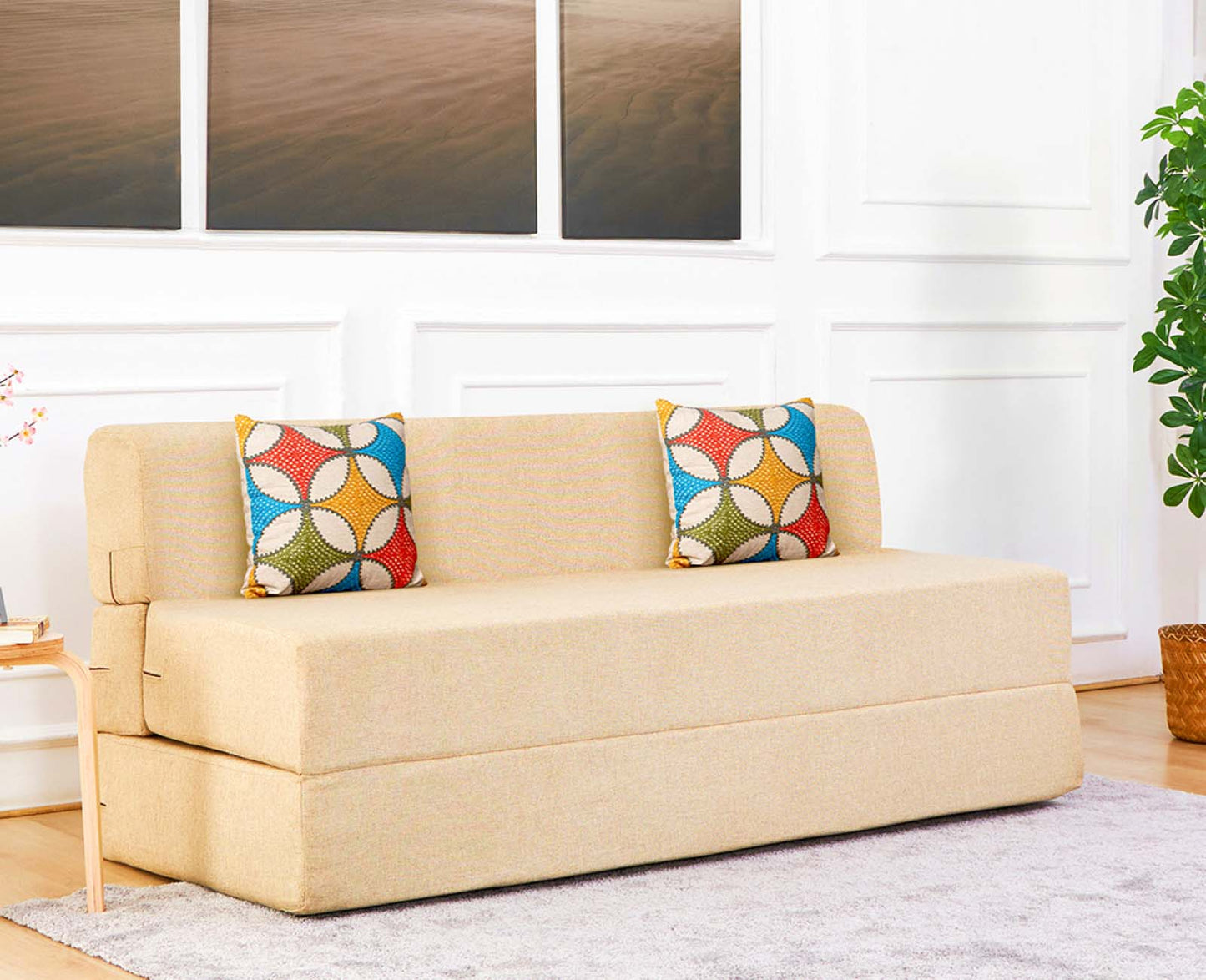 Jute Sofa Bed, Beige | 5 x 6, Three Seater | 2 Jharoka Cushions