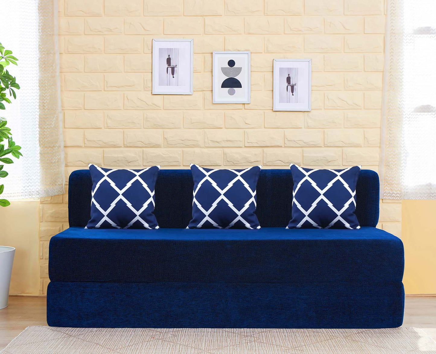Chenille Sofa Bed, Dotted Blue | 5 x 6, Three Seater | 3 Arrow Cushions