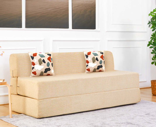 Jute Sofa Bed, Beige | 5 x 6, Three Seater | 2 Pebble Cushions