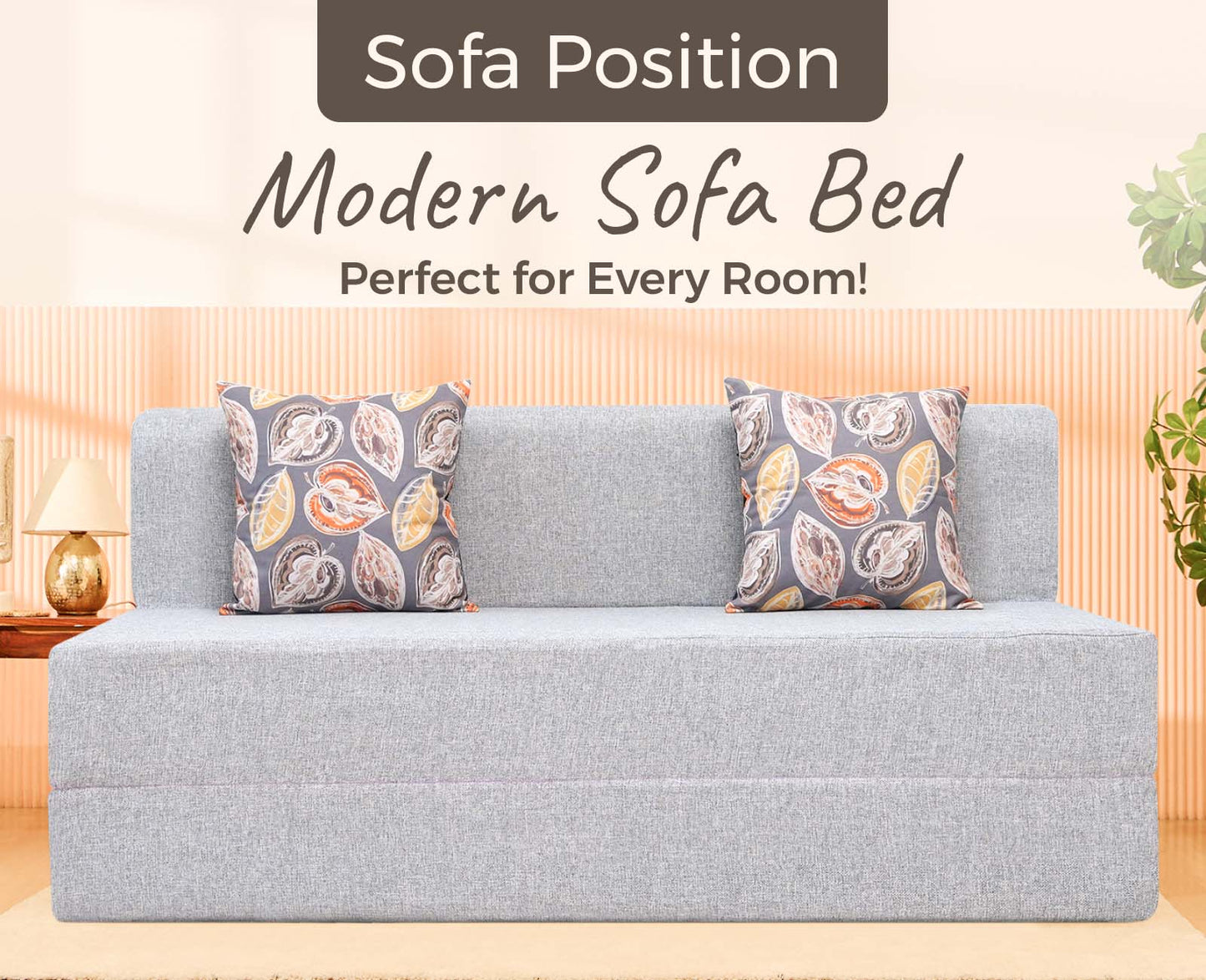 Jute Sofa Bed, Silver | 5 x 6, Three Seater | 2 Fallen Leaves Cushions