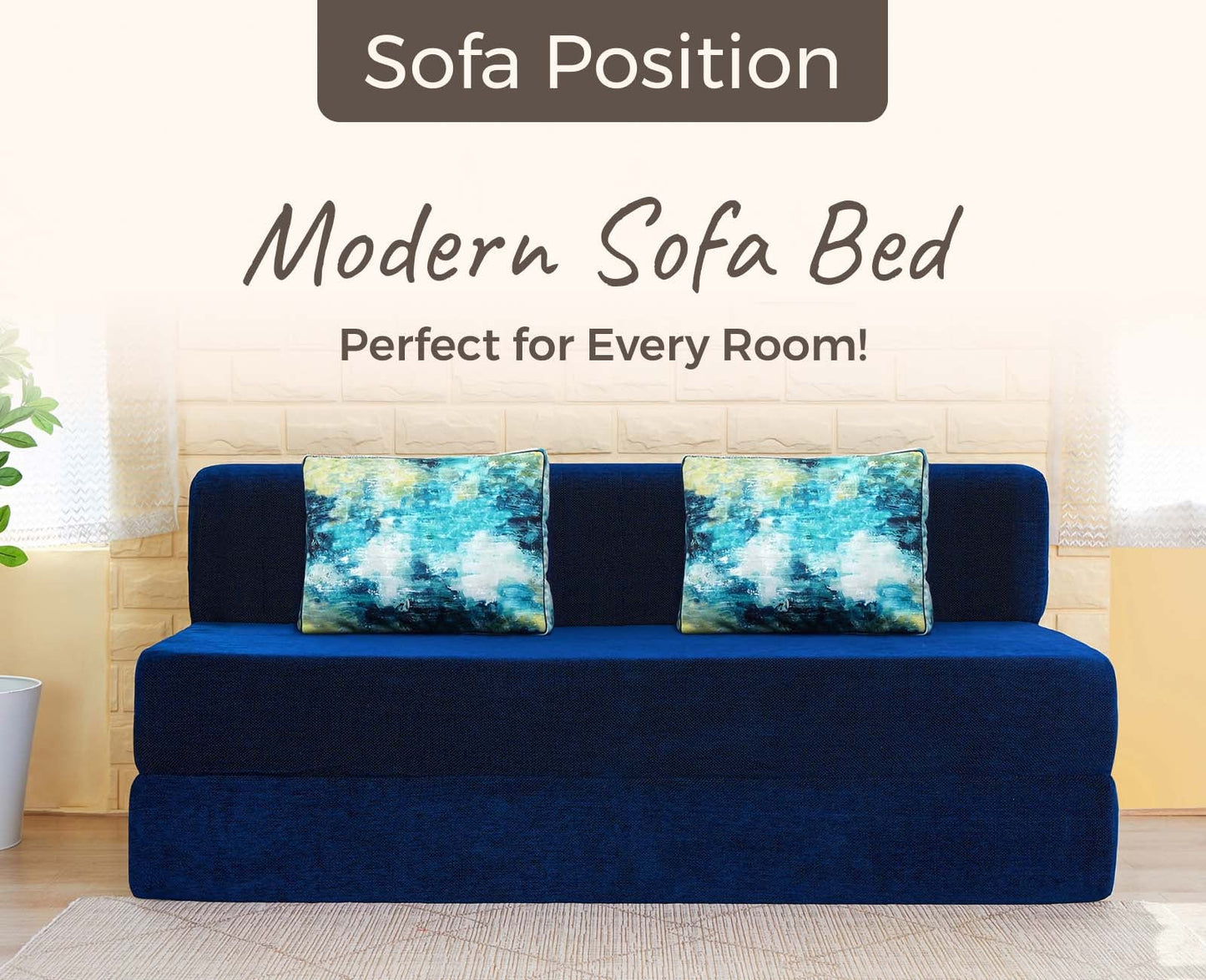 Chenille Sofa Bed, Dotted Blue | 5 x 6, Three Seater | 2 Ocean Hues Cushions