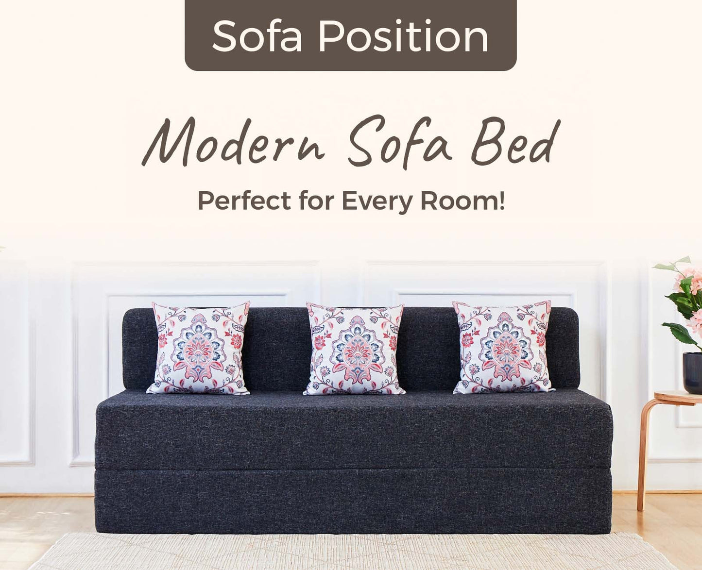 Jute Sofa Bed, Dark Grey | 5 x 6, Three Seater | 3 Pink Morphankh Cushions