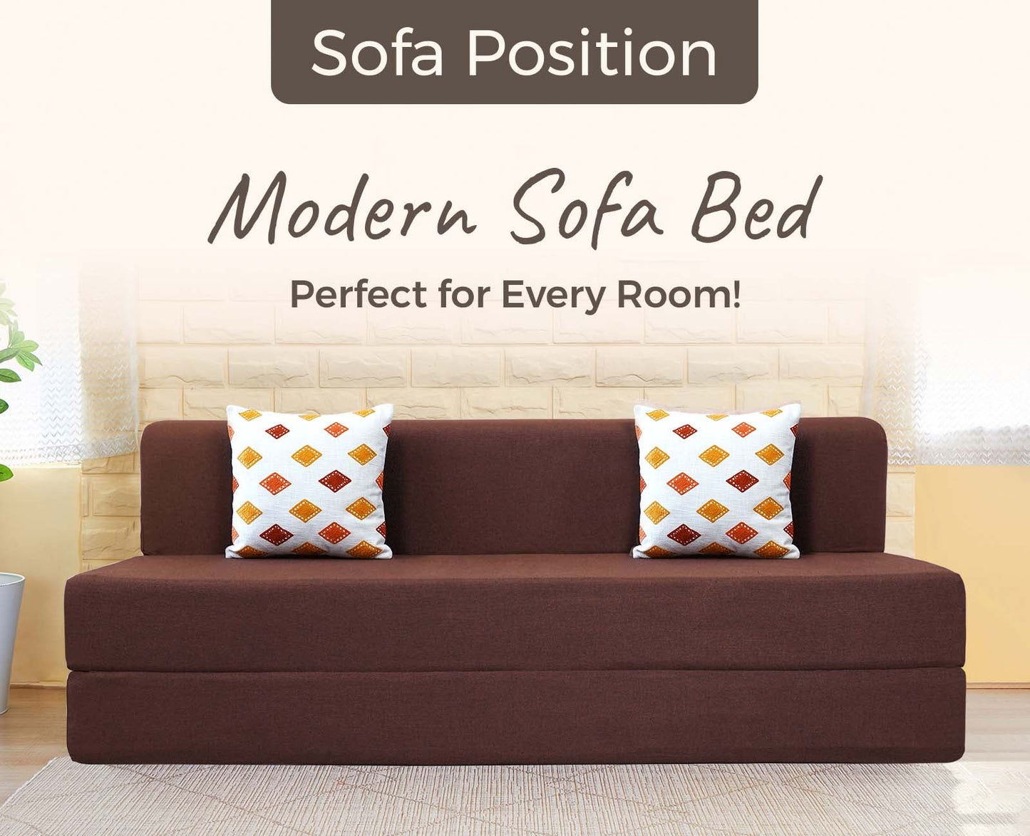 Jute Sofa Bed, Malt Brown | 5 x 6, Three Seater | 2 Diamond Cushions