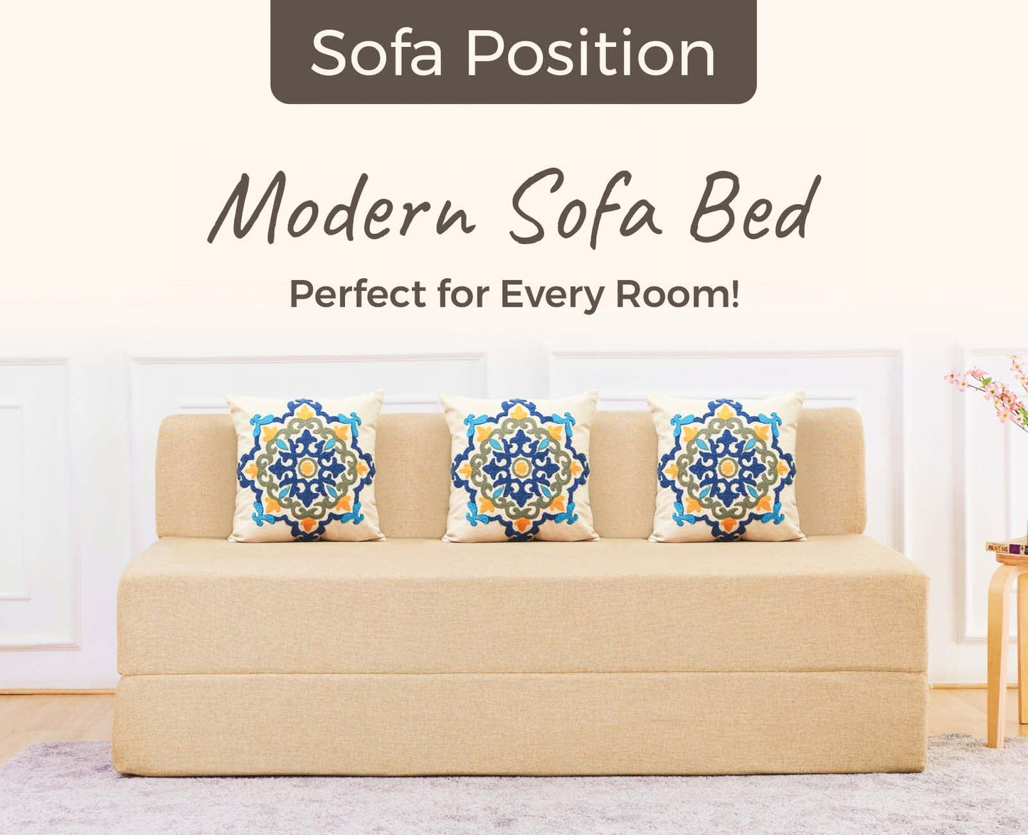 Jute Sofa Bed, Beige | 5 x 6, Three Seater | 3 Blue Medallion Cushions
