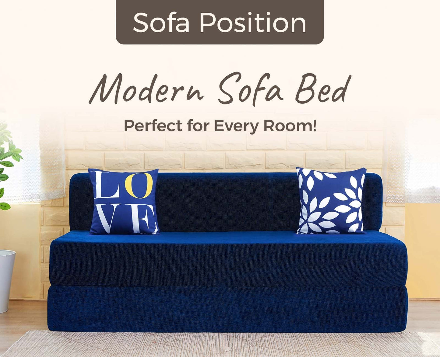 Chenille Sofa Bed, Dotted Blue | 5 x 6, Three Seater | 2 Love Leaf Cushions
