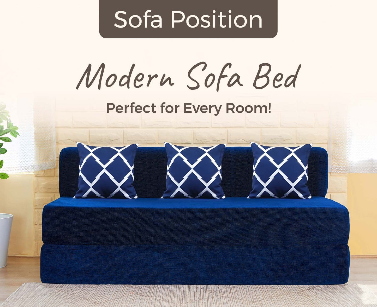 Chenille Sofa Bed, Dotted Blue | 5 x 6, Three Seater | 3 Arrow Cushions