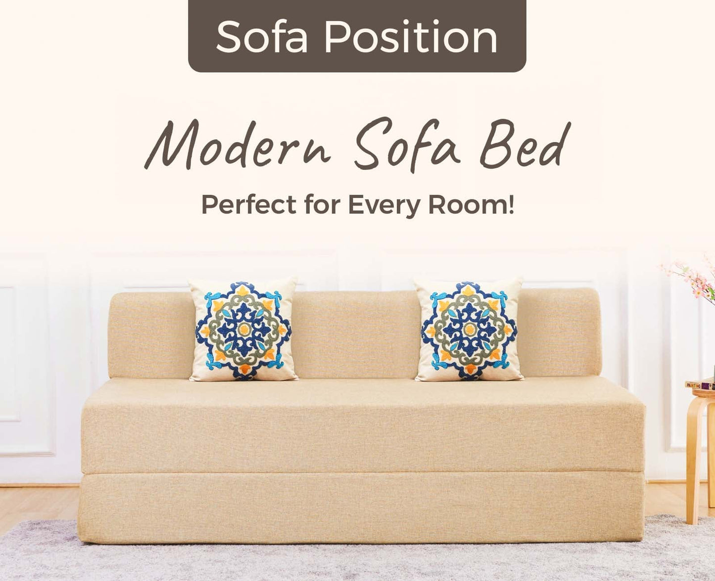 Jute Sofa Bed, Beige | 5 x 6, Three Seater | 2 Blue Medallion Cushions