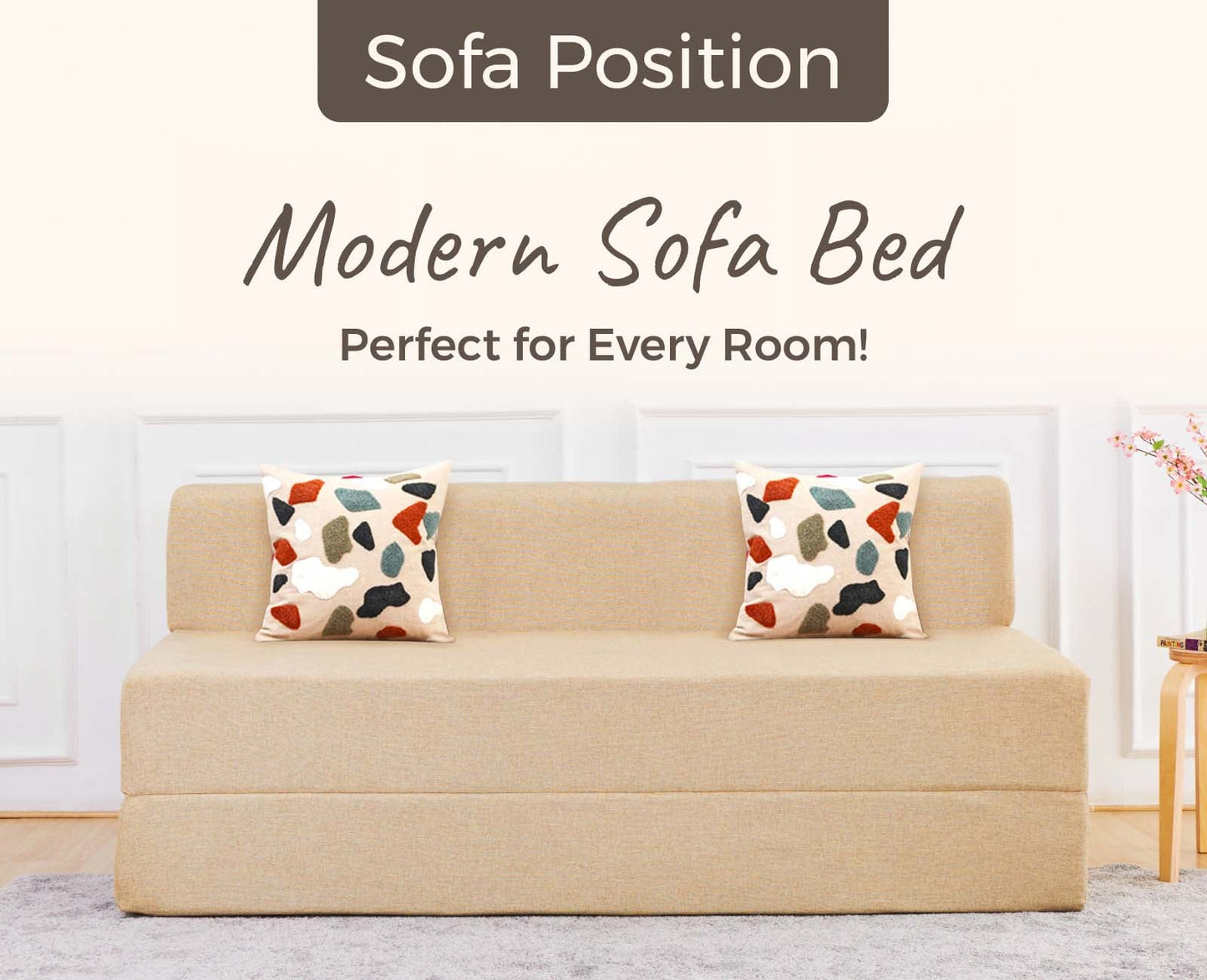 Jute Sofa Bed, Beige | 5 x 6, Three Seater | 2 Pebble Cushions