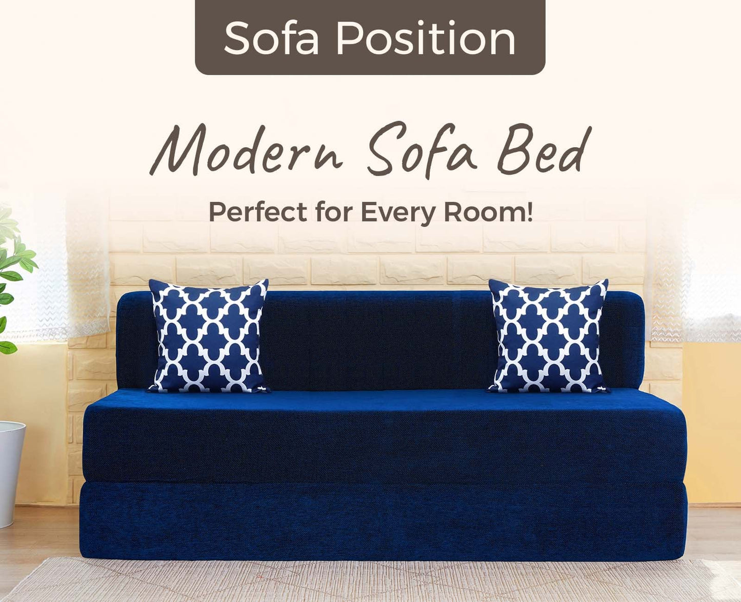 Chenille Sofa Bed, Dotted Blue | 5 x 6, Three Seater | 2 Semicircle Cushions