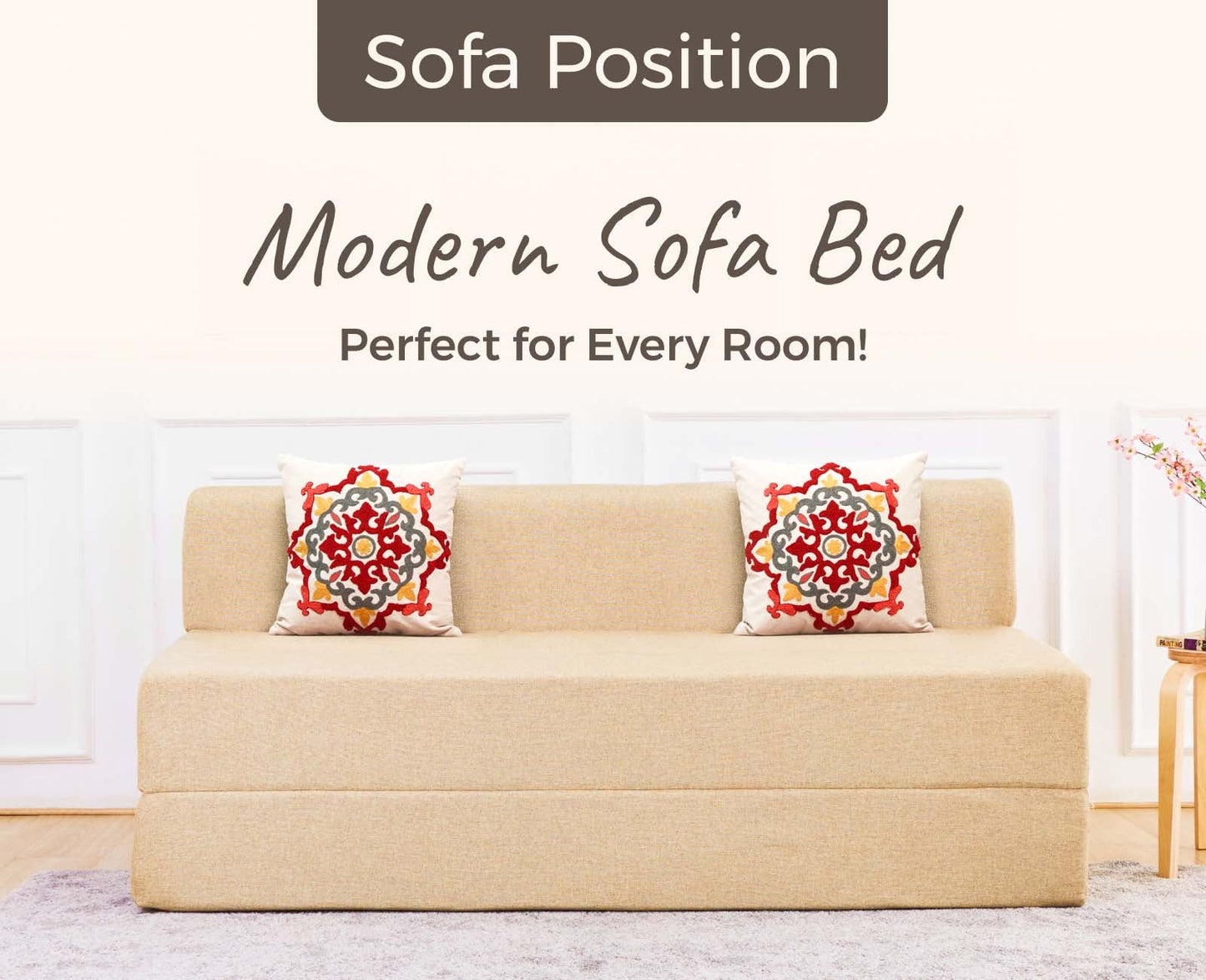 Jute Sofa Bed, Beige | 5 x 6, Three Seater | 2 Red Medallion Cushions