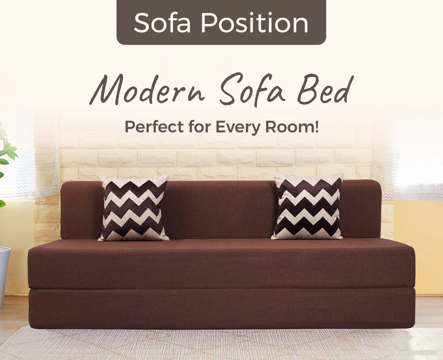 Jute Sofa Bed, Malt Brown | 5 x 6, Three Seater | 2 Beige ZigZag Cushion