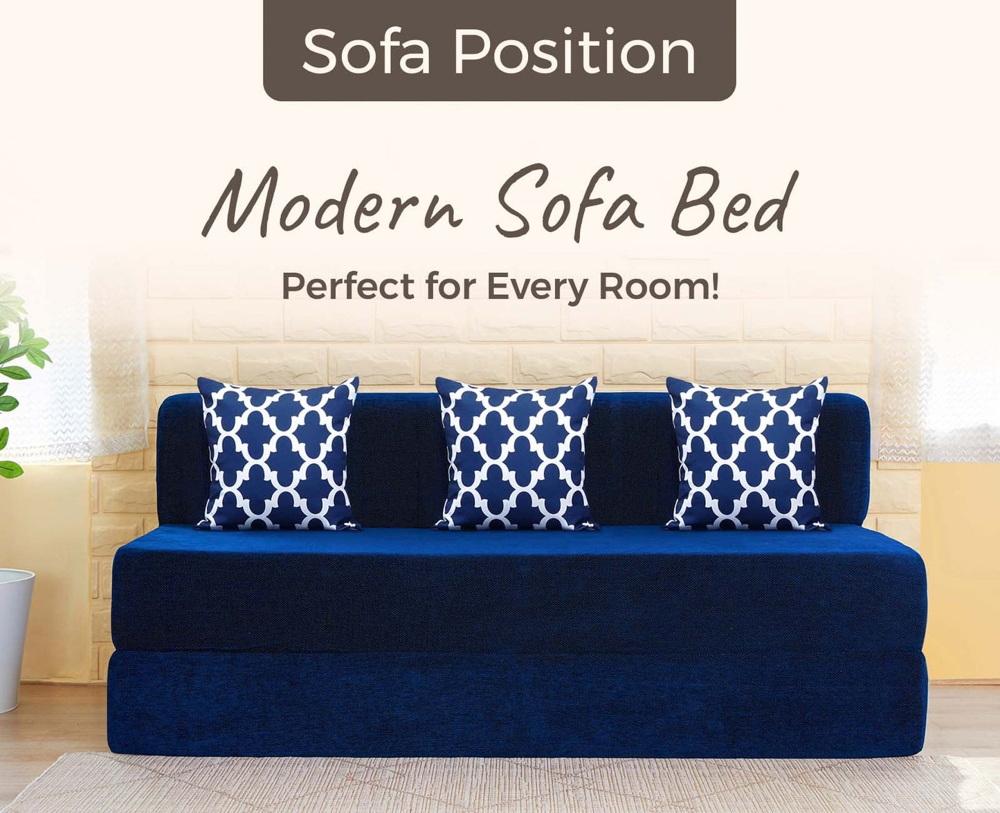 Chenille Sofa Bed, Dotted Blue | 5 x 6, Three Seater | 3 Semicircle Cushions