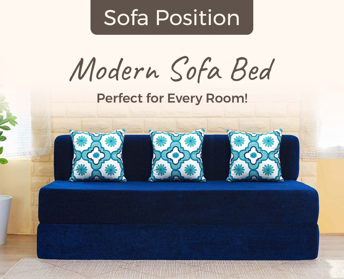 Chenille Sofa Bed, Dotted Blue | 5 x 6, Three Seater | 3 Blue Quartet Cushions