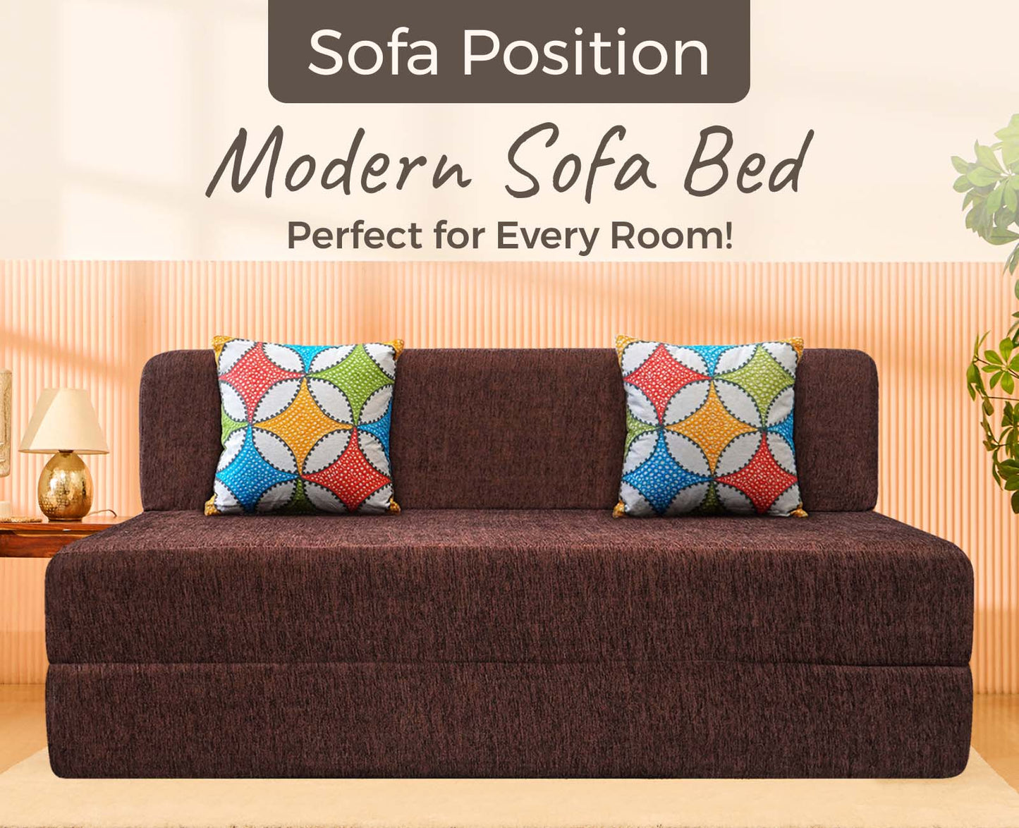 Molfino Sofa Bed, Brown | 5 x 6, Three Seater | 2 Jharoka Cushions