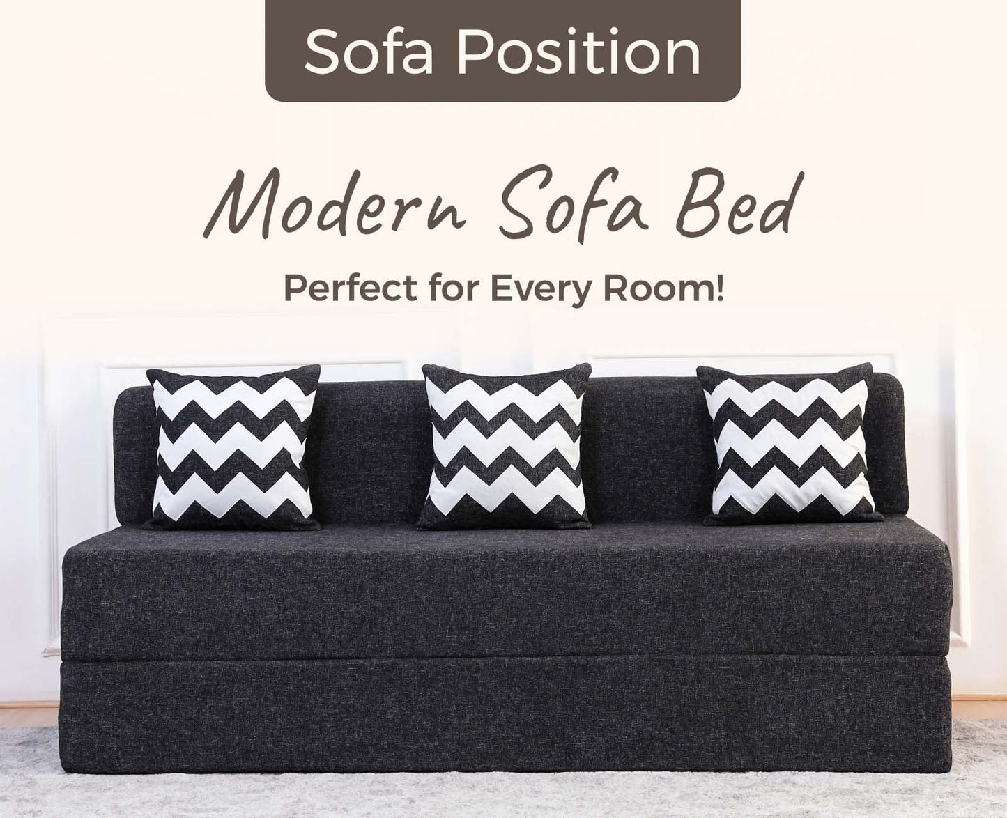 Jute Sofa Bed, Dark Grey | 5 x 6, Three Seater | 3 ZigZag Cushions
